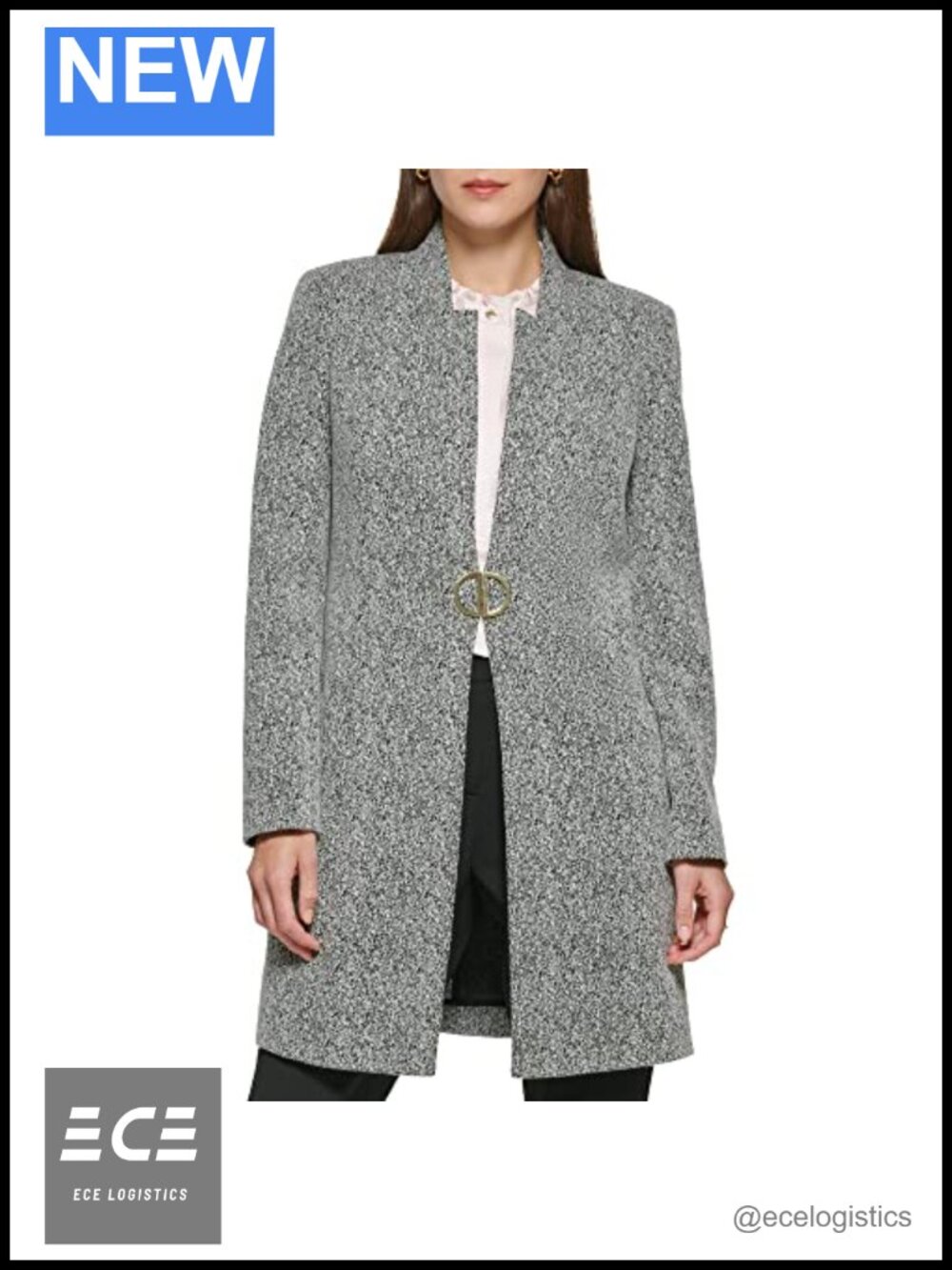 Metallic Monogram Detail Overcoat Notch Collar Long Sleeve Casual Jacket